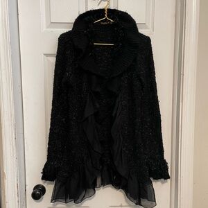 John Fashion wool blend (55%) black ruffled cardigan Sz XL has stretch dramatic